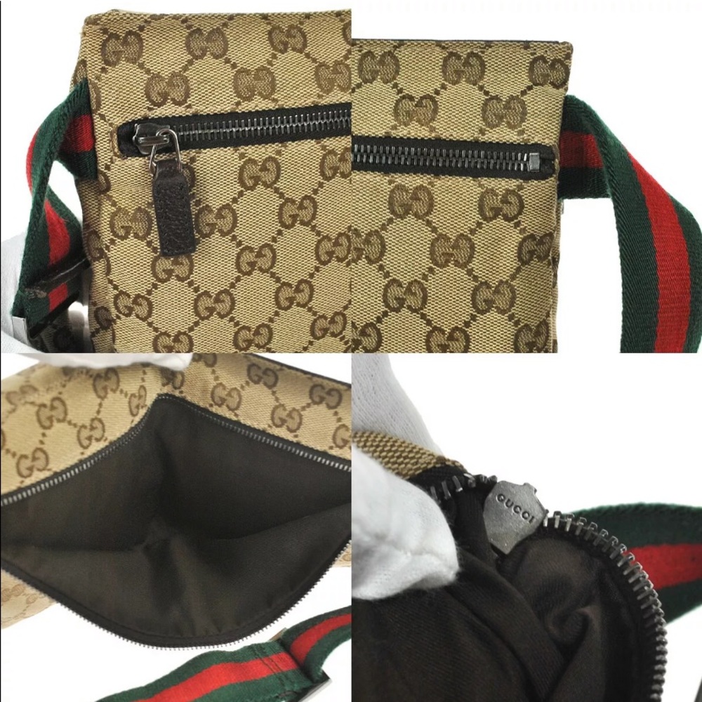 Gucci Beige GG Supreme Dual-Pocket Crossbody with Green and Red Web Strap - Picture 8 of 13